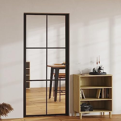 KLYEON Puerta Inter Vid ESG y Aluminio Negro 93x201,5 cm,Puerta de Cristal Templado con Marco de Aluminio para Interiores y Exteriores