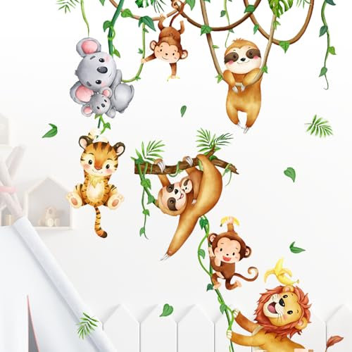 LURNODY Wandtattoo Dschungel Tiere, Reben Wandaufkleber Löwe Affen Koala Tiere Tiger Wandsticker, Kinderzimmer Tierische Wandaufkleber, Geeignet für Kinderzimmer, Babyzimmer Wohnzimmer Wanddeko