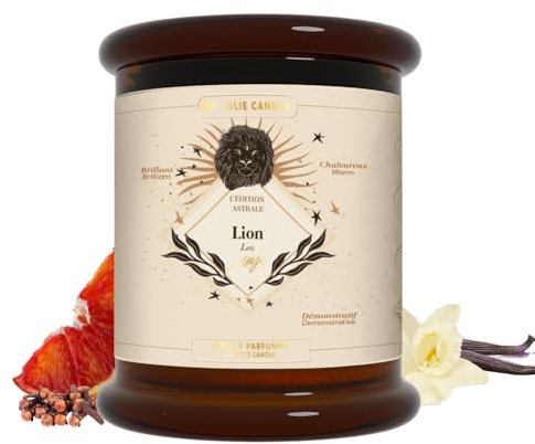 MY JOLIE CANDLE - Bougie Parfumée Signe Astrologique avec Portrait Astral - Lion du 23 juillet au 22 août - Cadeau de Noël et Anniversaire - Cire à base végétale