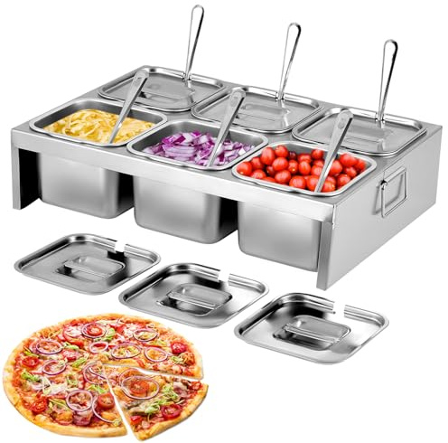 Saladulce Pizza-Topping Station – 6 x 2 l Edelstahl-Gewürzbehälter mit Deckel und Schöpflöffel, 6 Fächer für die Zubereitung von Zutaten und Belägen, Pizzaofen-Zubehör