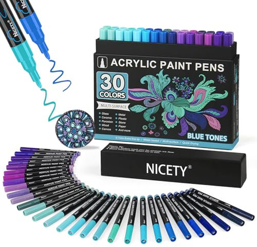 NICETY 30Pcs Acrylic Paint Pens Paint Markers for Rock Painting Stone Glass Ceramic Wood Metal Fabric - 0.7mm Extra Fine Tip Water Based Acrylic Markers (Blue)