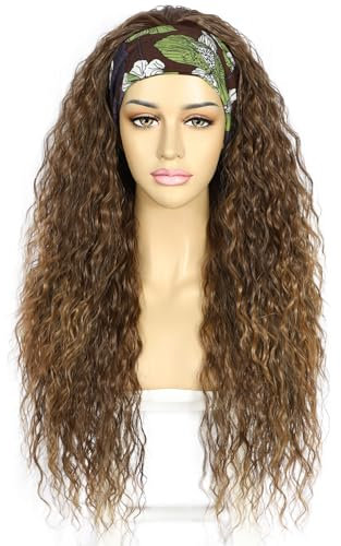 Sapphirewigs Bandeau Bouclé Perruque Long Brun Cheveux Synthétiques Lâche Eau Vague Bandeau Perruques pour Femmes Sans Colle Densité 66 cm