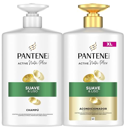 Pantene Pro-V Suave y Liso Champú + Acondicionador Pelo Encrespado 1L+800ml | Con Dispensador, Limpieza Antifrizz