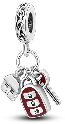 MARJS House Car Keys Charm New Driver Learner Pass Test Alarm Key Ring Heart Charm Bead Pendant, 925 Sterling Silver Dangle Charm, Compatible With Pandora & European Bracelet