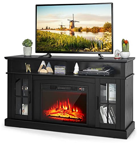 TANGZON Electric Fireplace Insert TV Stand, Freestanding Media Console Table Entertainment Center with 1800-2000W Fireplace Heater & Remote Control (Black, 23 Fireplace,148x40x82cm for 65 TV)