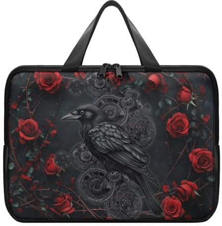 ZIATUBLES Funda para portátil con estampado de rosas rojas y cuervo negro con asa compatible con tablet de 10 a 17 pulgadas para mujeres y hombres, bolsa de transporte protectora de 360°, maletín, 17