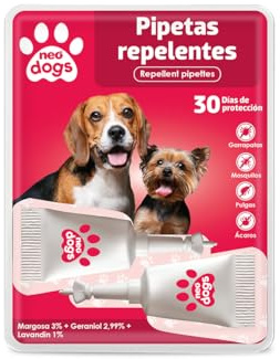 Neo Dogs - Pipetas Repelente Anti-Insectos para Perro - contra Pulgas, Garrapatas y Mosquitos - con Margosa, Geraniol y Lavandino - Olor Herbal - 2 Unidades