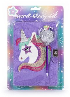 Tri-Coastal Design - Set Cancelleria, Diario Segreto Bambina con Lucchetto, Penna con Pouf, 80 Pagine a Righe, Copertina Pelosa con Fantasia Unicorno, TCD Made for Kids