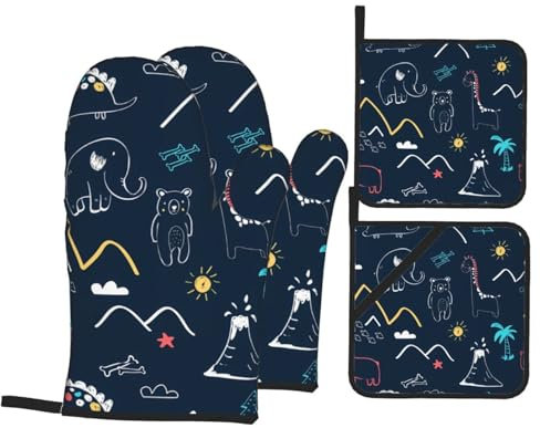 Ofenhandschuhe und Topflappen-Set, Motiv: Vulkan-Tiere, Sonne, hitzebeständig, Küchen-Backhandschuhe, rutschfeste Oberfläche zum Kochen, Backen, Grillen, Grillen