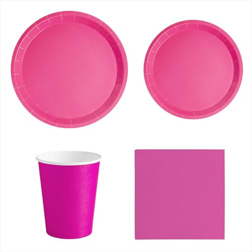 MAXI PRODUCTS - Set Vajilla Desechable Fiesta 20 Personas Rosa - 114 piezas - Vasos Cartón 270 cc + Platos Cartón Ø17 y Ø20,5 cm + Servilletas Papel 25x25 cm - Menaje para Cumpleaños y Eventos