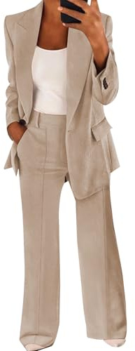 MINTLIMIT Women 2 Piece Trouser Suits Bussiness Casual Blazer Set Long Sleeve Smart Formal Office One Button Blazer and Trouser Apricot