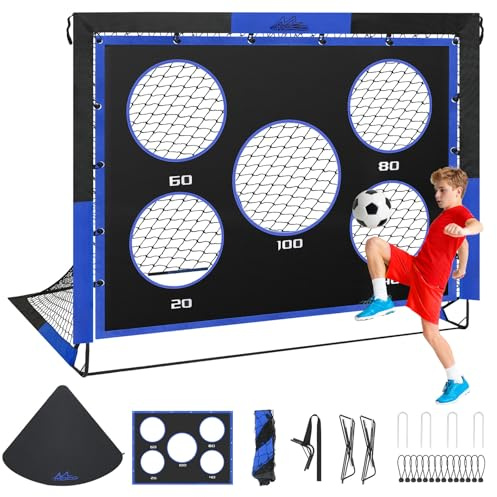 MoKo Porta da Calcio per Giardino, 5×4 FT Pop-Up Rete da Calcio di Grandi con Pannello Bersaglio, Attrezzatura di Allenamento Calcio Portatile per Bambini, Gioco Sportivo Esterno, Nero+Blu