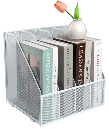 EasyOFC Porte-revues A4 en maille métallique, 4 sections, organiseur de documents de bureau, support de rangement de fichiers de bureau, blanc