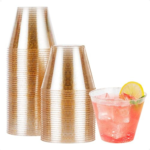 Goodluck 50PCS Glitter Gold Plastic Cups for Party,9oz Reusable Gold Cups, Plastic Cocktail Glasses for Wedding Thanksgiving Christmas and Parties