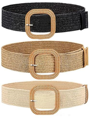 Ceinture Large En Paille 3 Pièces, Ceinture Tressée À Boucle Carrée En Coton Et Lin, Ceinture Élastique Tressée Pour Femme, Adaptée Aux Robes, Chemises À Manches Longues, Jupes De Plage D'Été.