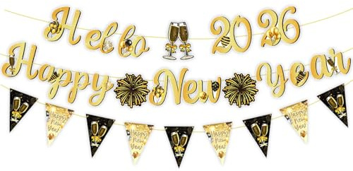 Koboko Silvester Deko 2026 Girlande, Happy New Year 2026 Banner mit Wimpelkette, Schwarz Gold Girlande Silvester Dekoration, Happy New Year Deko Banner, Hängende Dekoration für Neujahrsdeko Silvesters