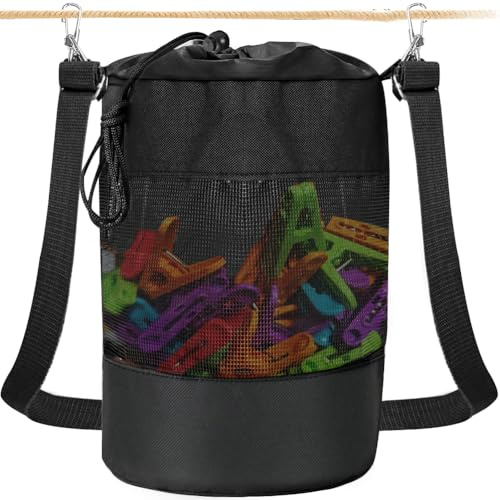 hzzycer Clothes Peg Bag for Washing Line, Black Peg Bags with Hanger Clothes line Peg Bags with Shoulder Strap and Drawstring Closure