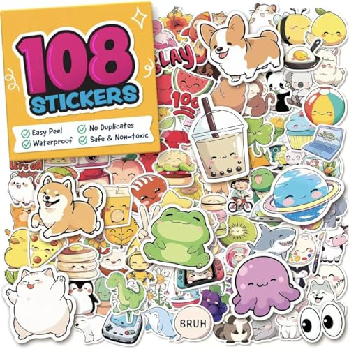 108 Sticker für Kinder - Kawaii Tiere & Früchte - Wasserdichte Vinyl-Aufkleber - Lehrergeschenk, Belohnung, Basteln, Trinkflasche