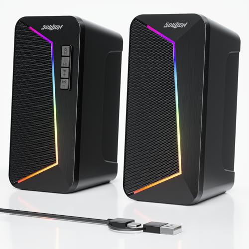 SOULION PC Speakers USB/USB C, Wired Computer Speaker with Bluetooth & LED | Stereo 2.0 Sound, Volume Control Button, Passive Desktop Speaker for Phone, Laptop, Monitor, No 3.5mm port, 1 Pair