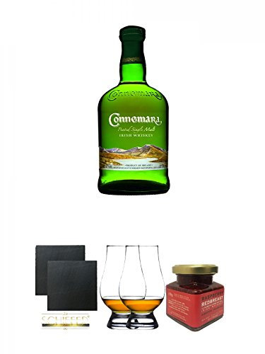 Connemara Peated Single Malt 0,7 Liter + Schiefer Glasuntersetzer eckig ca. 9,5 cm Ø 2 Stück + The Glencairn Glass Whisky Glas Stölzle 2 Stück + Redbreast 12 Jahre Himbeere Marmelade 150 Gramm Glas