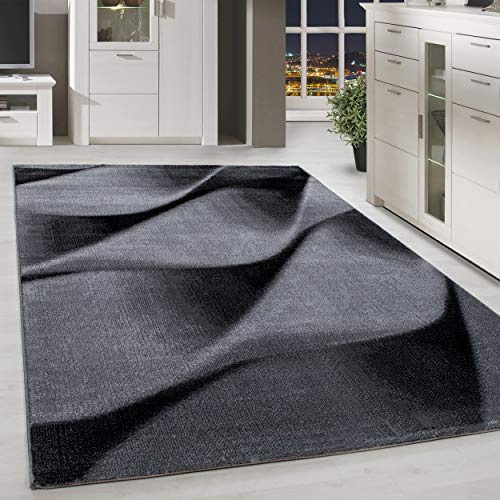 HomebyHome Teppich Wohnzimmer 80x150 cm Läufer Flur Schwarz Kurzflor Wellen Design - Teppich Schlafzimmer, Esszimmer, Küche Flauschiger Extra Weich Tepich Waschbär Einfache Reinigung