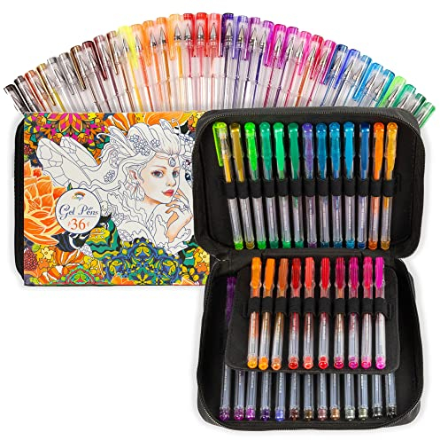 Colorya Gelstifte Set - 36 Metallic & Glitzer Gelstifte mit Tragetasche - Perfekt für Malbücher für Erwachsene, Mandala Ausmalen, Bullet Journals, Zeichnen, Fotoalben, Basteln, Kritzeln