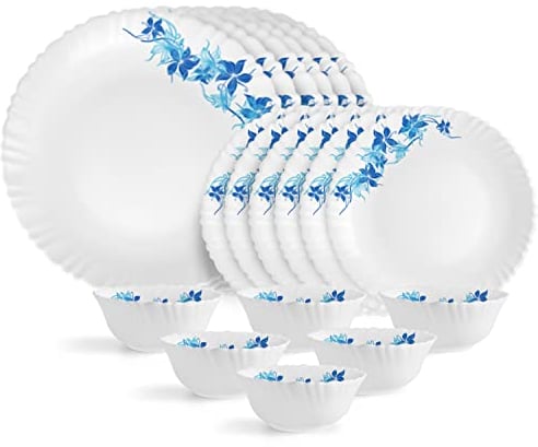 Cello Opalware Dazzle Series Blue Swirl Dinner Set, 18 Units | Opal Glass Dinner Set for 6 | Light-Weight, Daily Use Crockery Set for Dining | White Plate and Bowl Set