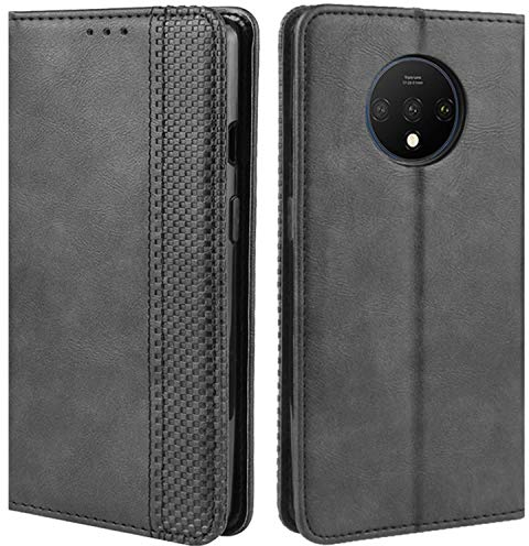 HualuBro Handyhülle für OnePlus 7T Hülle, Retro Leder Brieftasche Tasche Schutzhülle Handytasche LederHülle Flip Case Cover für OnePlus 7T 2019 - Schwarz