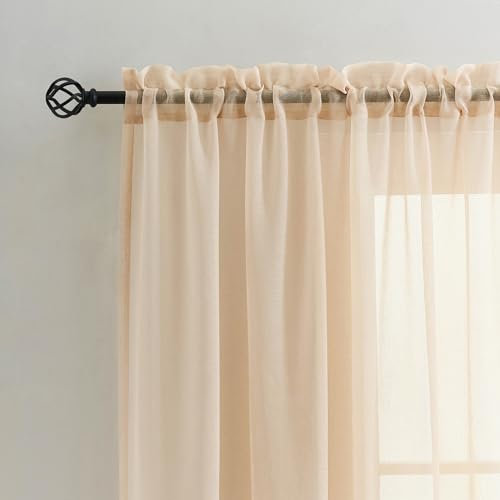 MYSTIC-HOME Sheer Curtains Taupe 45 Inch Length, Rod Pocket Voile Drapes for Living Room, Bedroom, Window Treatments Semi Crinkle Curtain Panels for Yard, Patio, Villa, Parlor, Set of 2, 52x 45