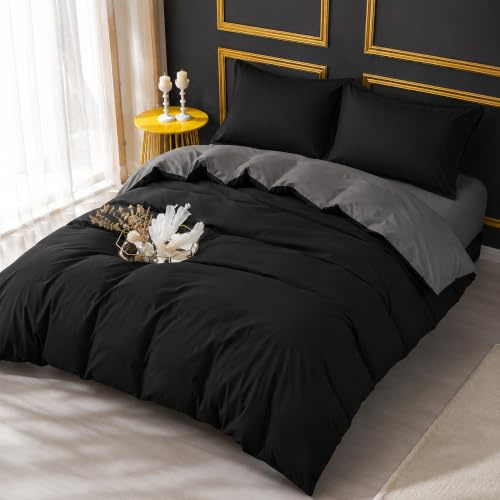 Adam Home 4PCS Complete Reversible Duvet Cover & Fitted Sheet Soft Micro Fiber Bedding Sets by TTO (Black Grey, Superking)
