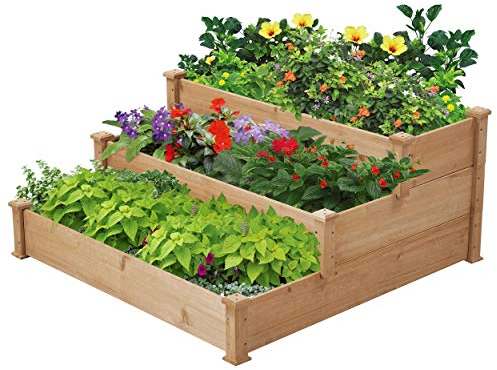 Yaheetech Huerto Urbano Terraza de 3 Camas de Cultivo Separadas Jardinera de Madera de 3 Pisos con Diseño de Escalera para Cultivar Plantas Flores Verduras 120 x 120 x 56cm