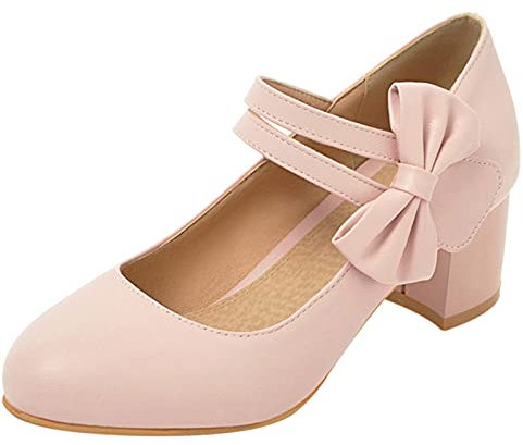 MJIASIAWA Donna con Cinturino alla Caviglia Sposa Tacco Medio Closed Toe Borchiata Bows Pump Bride Tacco A Blocco Eleganti Vestito Mary Jane Scarpe Rosa Numero 34 EU