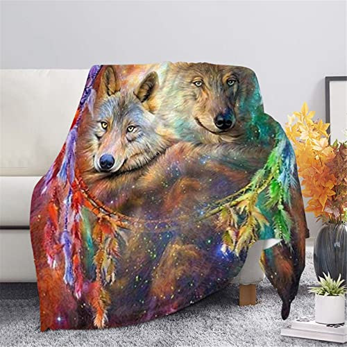 HUGS IDEA Wolf-Fleecedecke mit Sternennacht, Traumfänger, Federn, Galaxie-Wölfen, Bettüberwürfe und Sofadecke für Zuhause, Büro, warm, gemütlich und zottelig, Größe XL