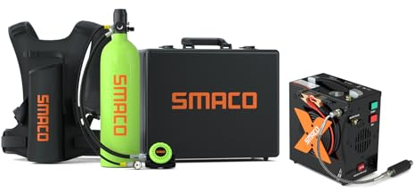 SMACO Bouteille de Plongée Mini Scuba de 2L, Durée de Fonctionnement de 25-30 Mins, Portable Kit de Réservoir de Plongée Cylindre de Plongée pour Divertissement sous-Marin/Travail, Paquet C, Vert