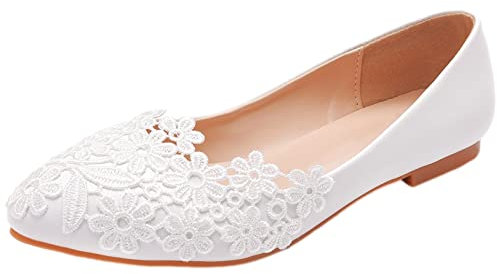 Jamron Damen Elegant Spitze Zehen Blume Spitzenbesatz Brautschuhe Pumps Weiche Sohle Ballerinas Weiß SN070435 EU37