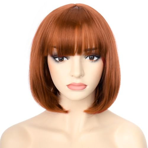 PORSMEER kupferbraun Kurz Gerade Bob Perücken Mit Pony für Frauen,Natürliche Synthetische Haar Perücken für Karneval/Fasching & Cosplay Halloween Party
