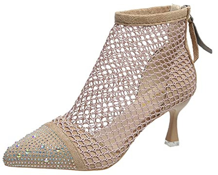 Atmungsaktiv Mesh Rückenreißverschluss Kurze Stiefel Strass High Heel Coole Stiefel Quad Rollschuh Günstig (Beige, 37)