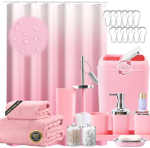 XLHOMO Lot de 24 accessoires de salle de bain roses avec rideau de douche, serviettes de bain, poubelle, distributeur de savon et porte-savon pour salle de bain/pendaison de crémaillère
