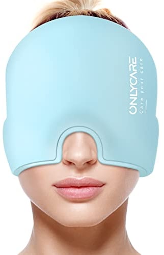 ONLYCARE Migräne Maske, Upgraded Kühlmaske Schlafmaske Kühlmütze Kühlhaube 360° Gel Surround kühlpads zur Linderung von Migräne, Kopfschmerzen, Druck