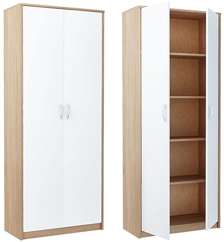 KUBUTKU Armoire pratique de 180 cm - Avec 2 portes et 4 étagères - Grande armoire multifonction - Armoire de bureau et domestique (blanc/sonoma) R005