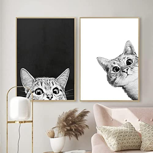HTWLMM Lustig Schwarz Weiß Katzen Leinwand Malerei Bilder Schwarz Weiß Katzen Tier Poster Kunstdruck für Wohnzimmer Schlafzimmer Wandbilder Deko Rahmenlos (2x20X30CM)