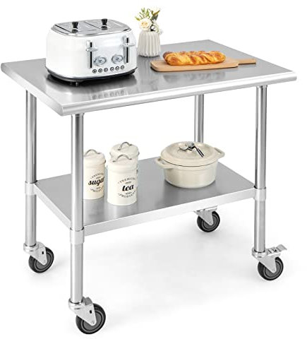 COSTWAY Table de Travail Cuisine 61 x 92 cm, en Acier Inoxydable à 2 Niveaux 2 Roues Verrouillables, Plateau Inférieure Réglable, Charge 250 kg, Extérieur/Intérieur pour Cuisine, Restaurant, Jardin