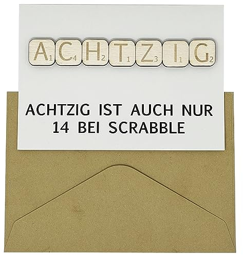 Woodland Mail Lustige Geburtstagskarte mit echten Holzsteinen auf der Vorderseite - Scrabble-Stil (80 Geburtstag)