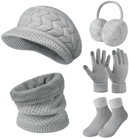 Niwicee Women Winter Knitted Hat and Scarf Set 5 PCS Ski Outing Set Plush Ear Warmers Knitted Scarf Berets Hat and Touch Screen Gloves Thermal Socks Set for Skiing Outdoor Sports(Grey,One size)