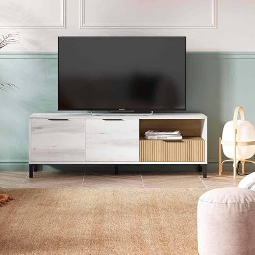 FABRIKIT Mueble de TV Tokio Estilo Nórdico en Color Blanco Albo y Roble Rayado con 2 Puertas 1 Cajón 136 cm