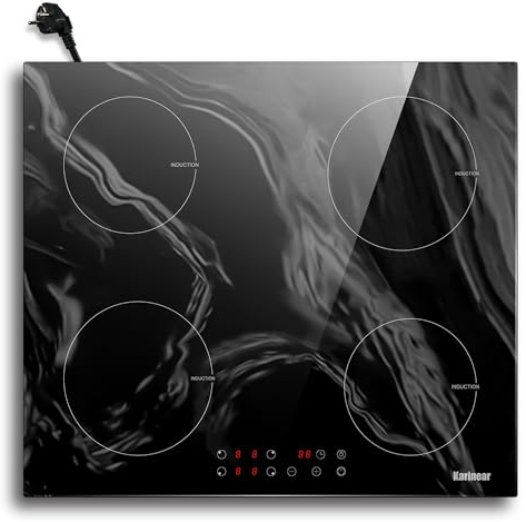 Karinear Piano Cottura Induzione 4 Fuochi, 60cm Piastra Induzione Elettrico 3500W, Piani Cottura con Spina, 9 Power Comandi Toccare, Blocco di Sicurezza per Bambini, Timer Lock, Vetro, Marmo Nero