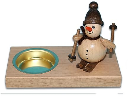 Holzwaren Egermann Leuchter aus Holz - Teelichthalter in Naturfarben mit süßem Schneemanndesign - Motiv: auf Ski Spazierfahrt - Länge: ca. 11,5 cm - Made in Germany