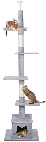 Ownpets 6 Tiers Floor to Ceiling Cat Tree Ajustable Height 229-275cm with Cat Condo Hammock and Sisal Post Scratcher for Small to Medium Size Cats