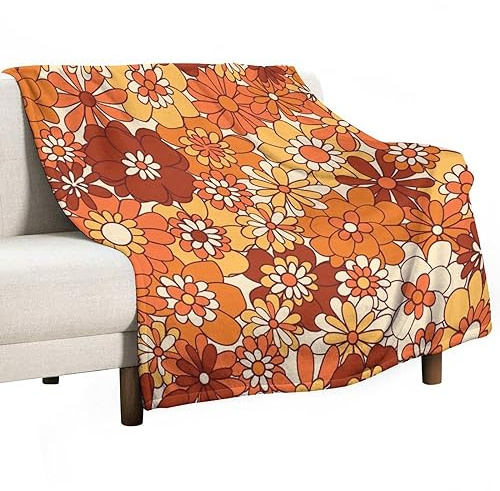 JanJCurt Vintage 70er Jahre Überwurfdecke Boho Hippie leuchtend orange Blumen groovy abstrakt lustiger Kunstdruck Decke für Couch Sofa Bett 76,2 x 101,6 cm