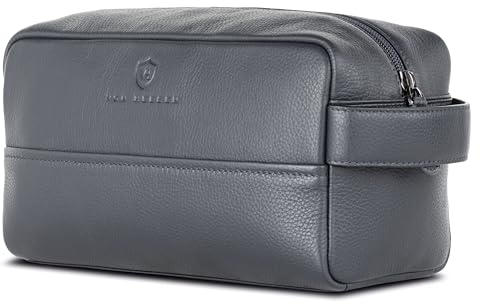 VON HEESEN Kulturbeutel Leder Kulturtasche für Herren & Damen - Echtleder Necessaire ideal zum Reisen - Waschtasche und Kosmetiktasche mit einem Hauptfach blau, groß